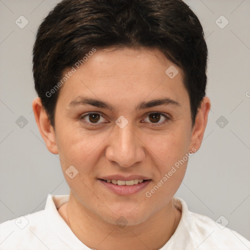 Joyful white young-adult female with short  brown hair and brown eyes