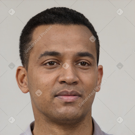 Neutral latino young-adult male with short  black hair and brown eyes