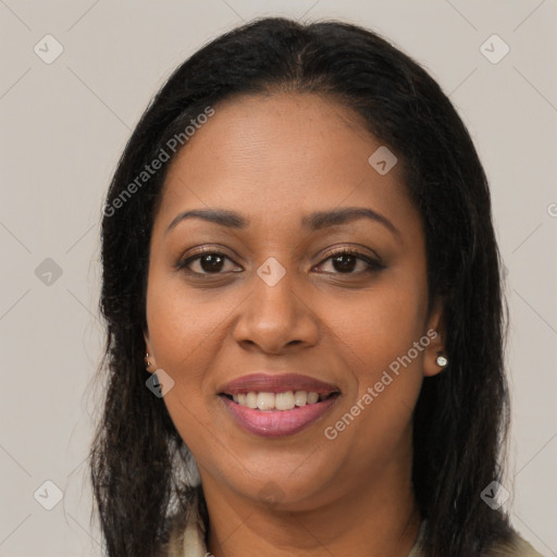 Joyful latino young-adult female with long  brown hair and brown eyes