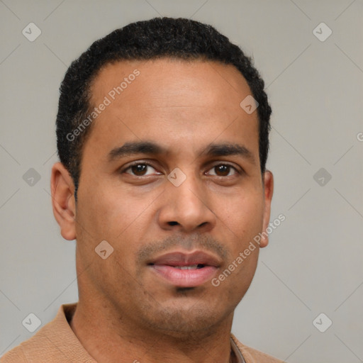 Neutral latino young-adult male with short  brown hair and brown eyes