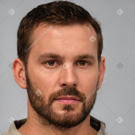 Neutral white young-adult male with short  brown hair and brown eyes