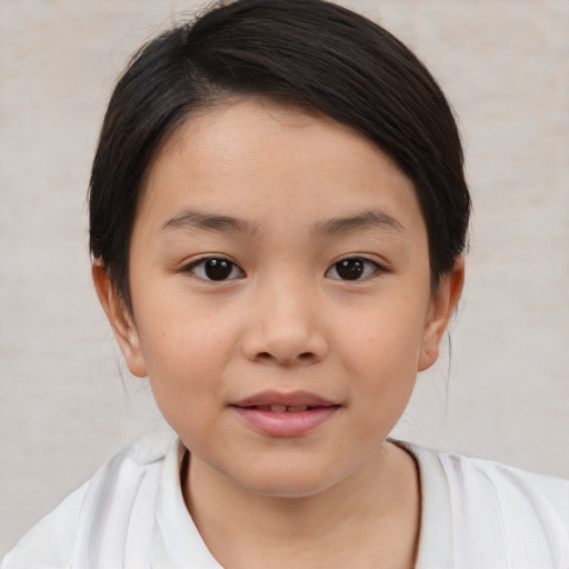 Joyful white child female with medium  brown hair and brown eyes