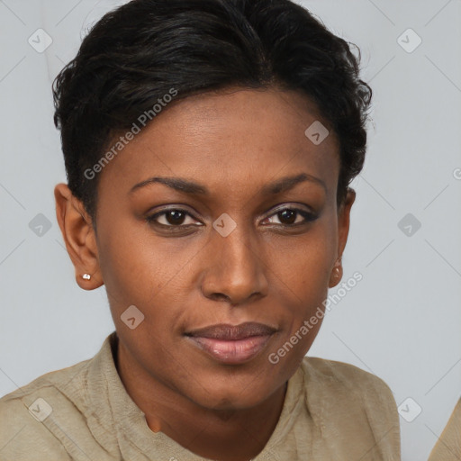 Joyful black young-adult female with short  brown hair and brown eyes