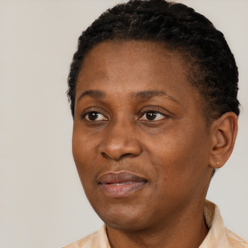 Joyful black adult female with short  black hair and brown eyes