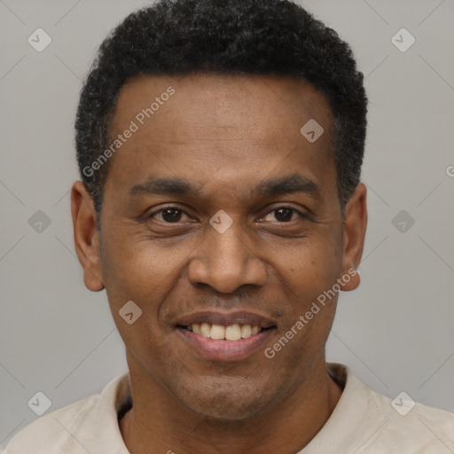 Joyful black adult male with short  black hair and brown eyes