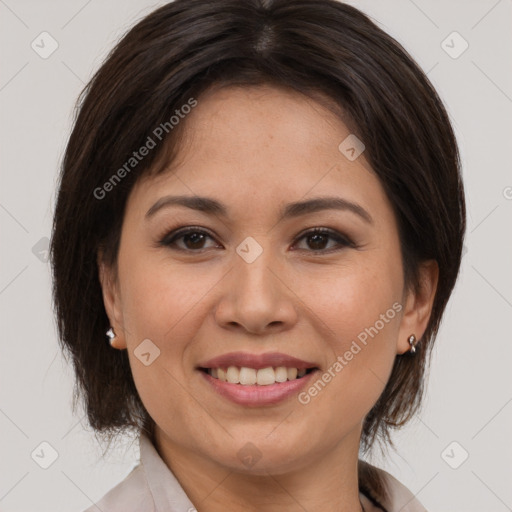 Joyful white young-adult female with medium  brown hair and brown eyes