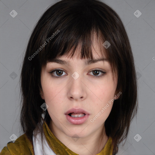 Neutral white young-adult female with medium  brown hair and brown eyes