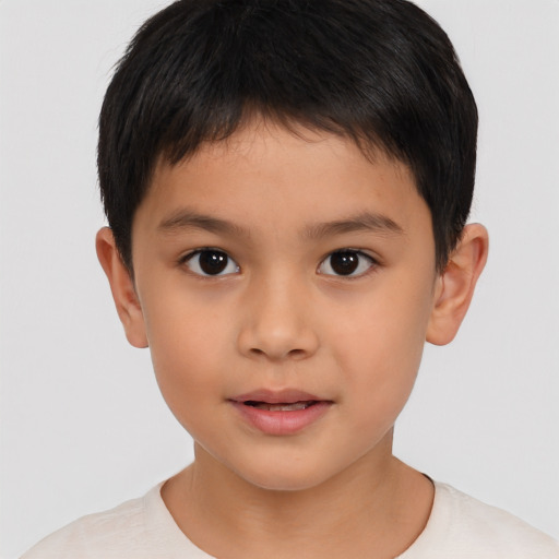 Joyful white child male with short  brown hair and brown eyes