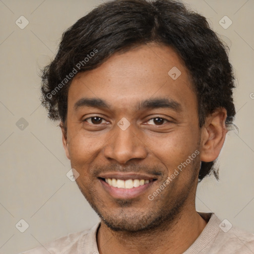 Joyful latino young-adult male with short  brown hair and brown eyes