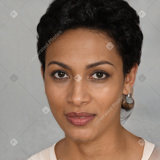 Joyful latino young-adult female with short  black hair and brown eyes