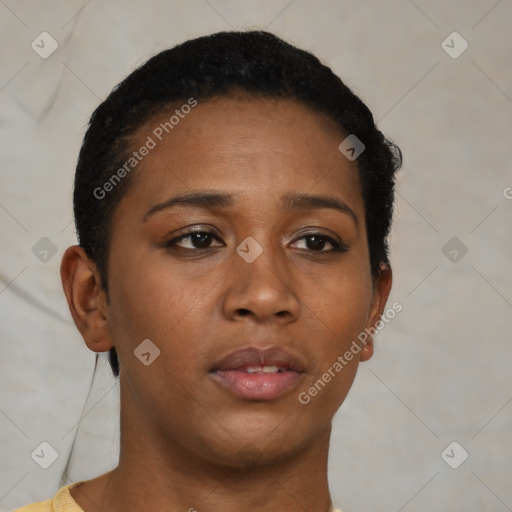 Neutral black young-adult female with short  brown hair and brown eyes