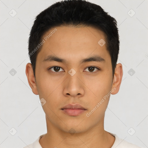 Neutral asian young-adult male with short  black hair and brown eyes