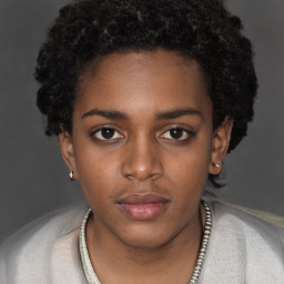 Neutral black young-adult female with short  brown hair and brown eyes