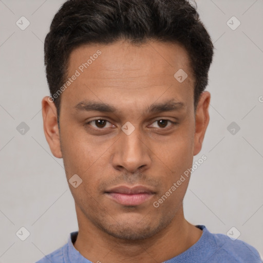 Neutral latino young-adult male with short  brown hair and brown eyes