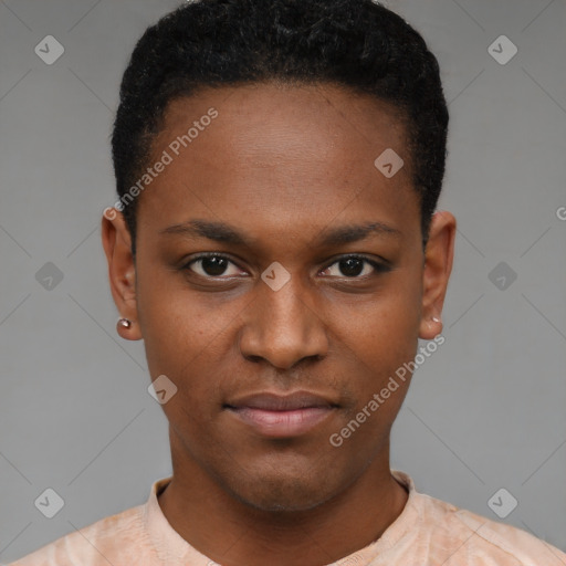 Neutral black young-adult male with short  black hair and brown eyes