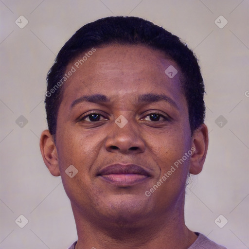 Neutral black young-adult female with short  brown hair and brown eyes