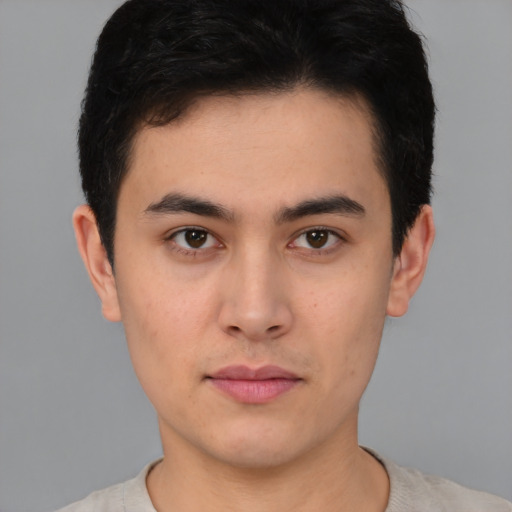 Neutral white young-adult male with short  black hair and brown eyes
