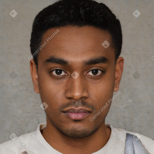 Neutral latino young-adult male with short  black hair and brown eyes