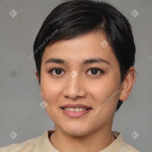 Joyful white young-adult female with short  brown hair and brown eyes