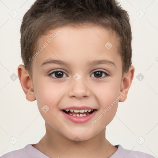 Joyful white child male with short  brown hair and brown eyes