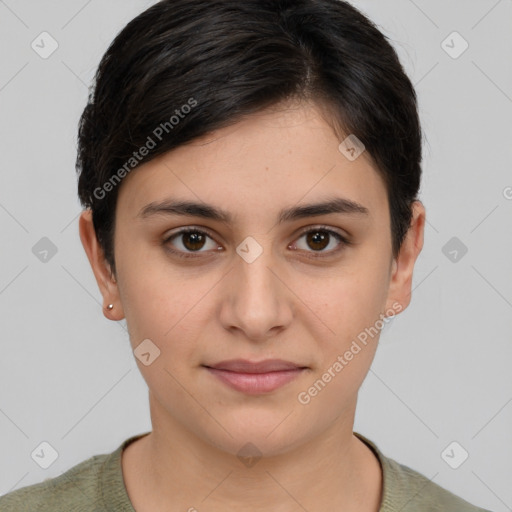 Joyful white young-adult female with short  brown hair and brown eyes