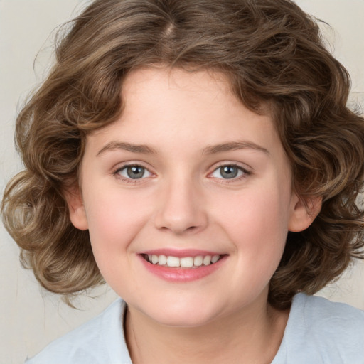 Joyful white young-adult female with medium  brown hair and green eyes