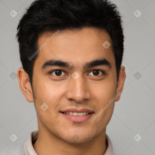 Joyful latino young-adult male with short  brown hair and brown eyes