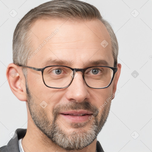 Joyful white adult male with short  brown hair and grey eyes