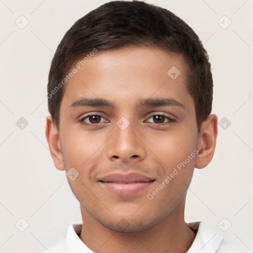 Joyful latino young-adult male with short  brown hair and brown eyes