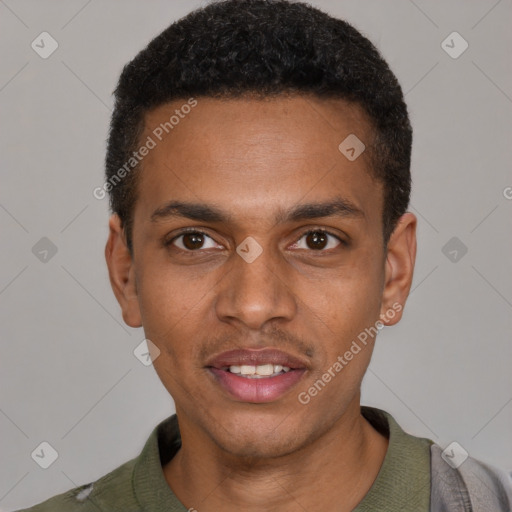 Joyful black young-adult male with short  black hair and brown eyes