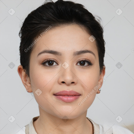 Joyful asian young-adult female with short  brown hair and brown eyes