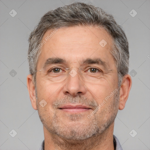 Neutral white middle-aged male with short  brown hair and brown eyes