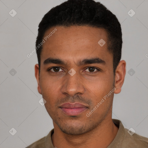 Neutral latino young-adult male with short  black hair and brown eyes