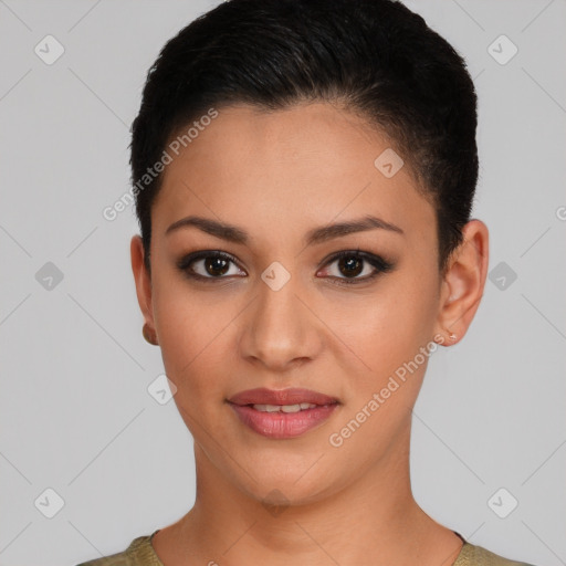 Joyful latino young-adult female with short  brown hair and brown eyes