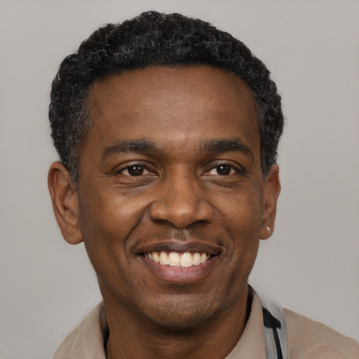 Joyful black adult male with short  black hair and brown eyes