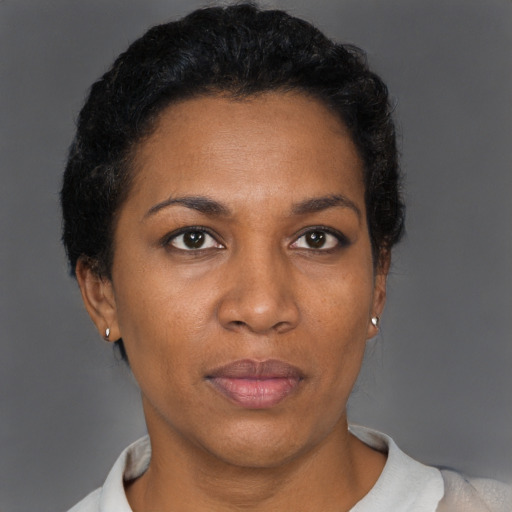 Neutral black adult female with short  brown hair and brown eyes