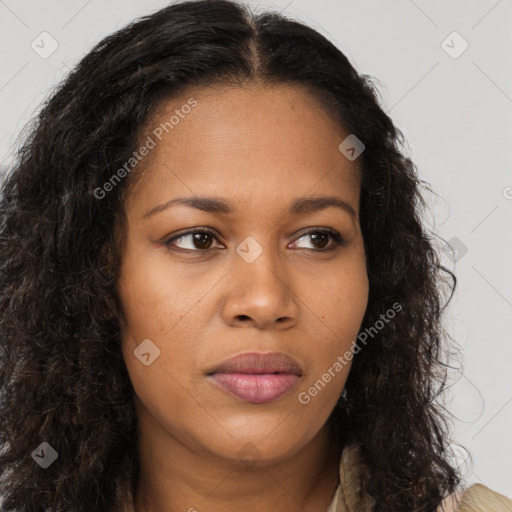 Joyful black young-adult female with long  brown hair and brown eyes