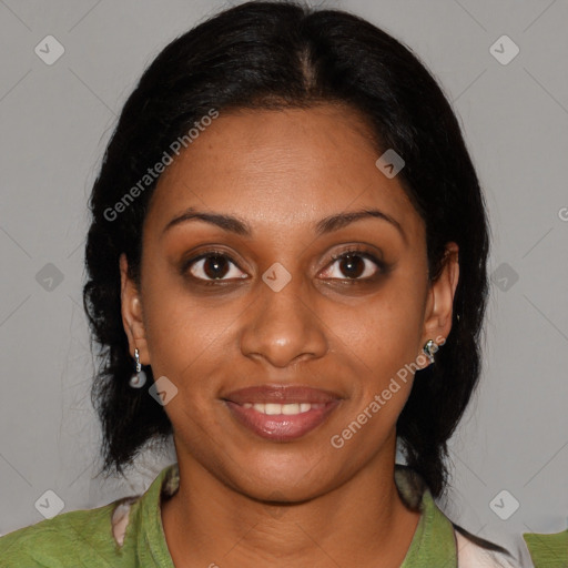 Joyful black young-adult female with medium  black hair and brown eyes