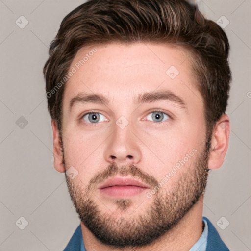 Neutral white young-adult male with short  brown hair and grey eyes