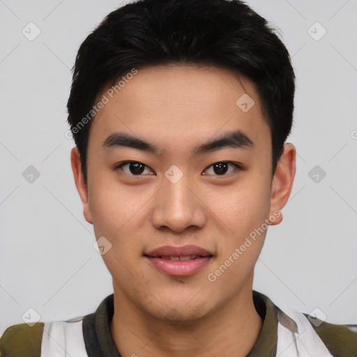 Joyful asian young-adult male with short  black hair and brown eyes