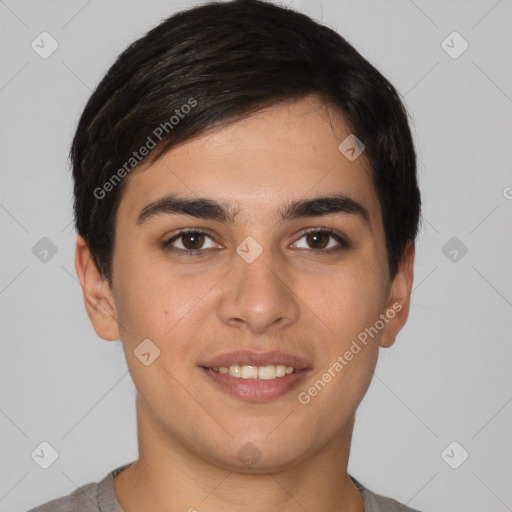 Joyful white young-adult male with short  brown hair and brown eyes