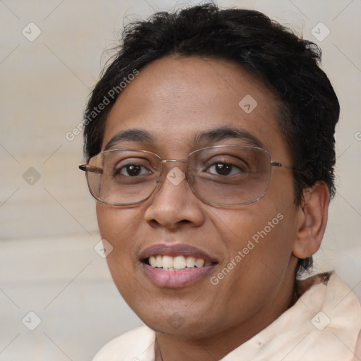 Joyful white adult female with short  brown hair and brown eyes