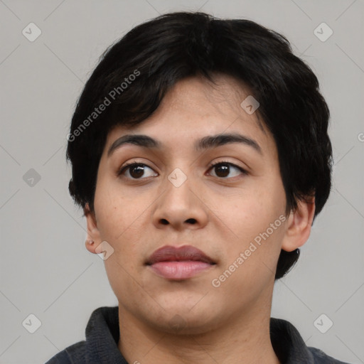 Neutral asian young-adult female with medium  black hair and brown eyes