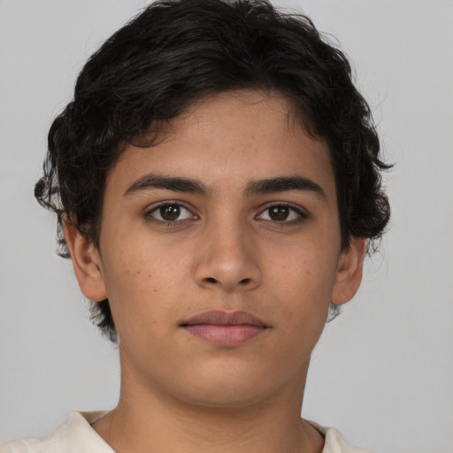 Neutral white young-adult female with short  brown hair and brown eyes