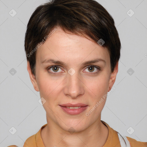 Joyful white young-adult female with short  brown hair and brown eyes