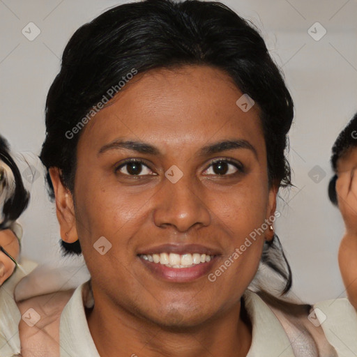 Joyful asian young-adult female with medium  brown hair and brown eyes