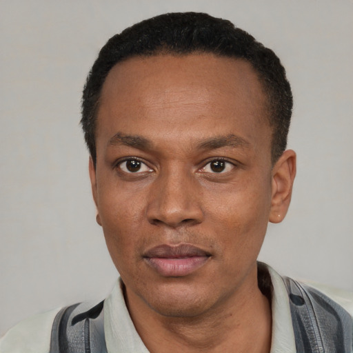 Neutral latino adult male with short  black hair and brown eyes