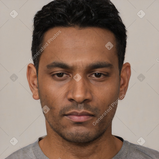 Neutral latino young-adult male with short  black hair and brown eyes