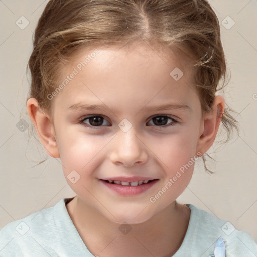 Joyful white child female with medium  brown hair and brown eyes