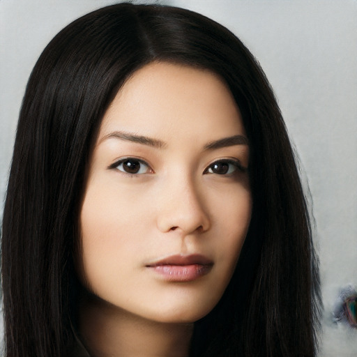 Neutral asian young-adult female with long  black hair and brown eyes